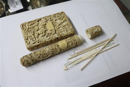 A Chinese ivory card case and needle case